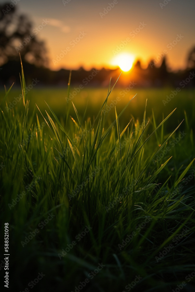 Wall mural sunset view on the grass generative ai