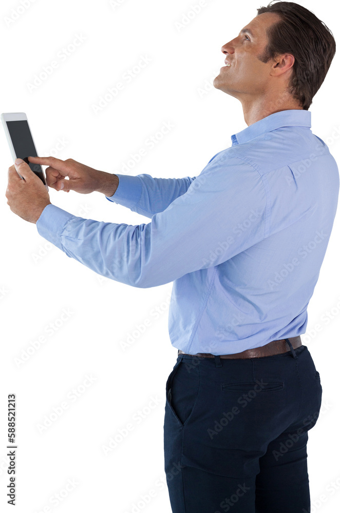 Poster side view of happy businessman looking up while using tablet computer