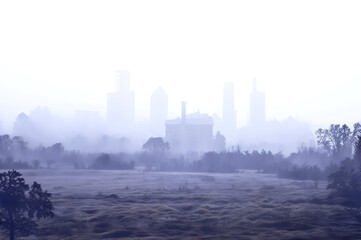 Abandoned town in foggy field landscape