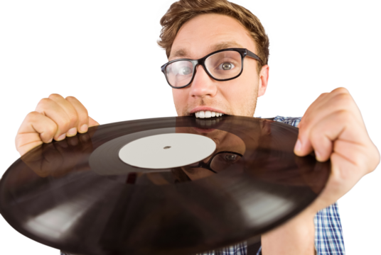 Geeky hipster biting vinyl record