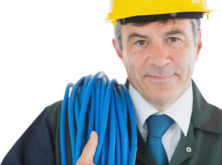 Repairman with rolled wire wearing hardhat