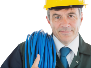 Repairman with rolled wire wearing hardhat