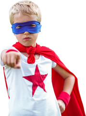 Portrait image of superhero boy pointing