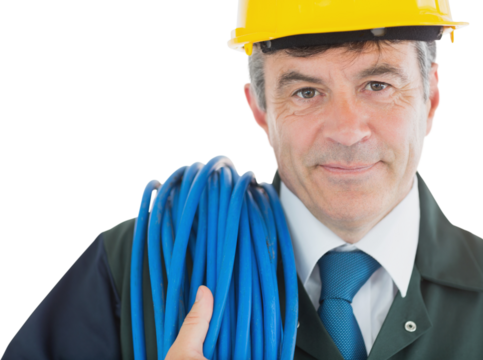 Repairman with rolled wire wearing hardhat