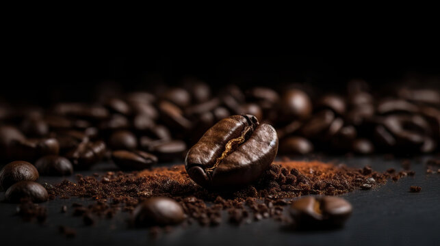 Makroaufnahme von gerösteten Kaffeebohnen mit etwas Kaffeepulver (Generative AI) © Fotosphaere