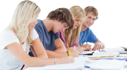 Students writing in the book 