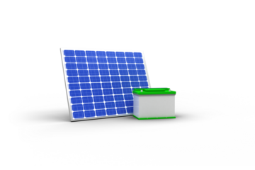Digitally composite image of 3d solar panel with battery 