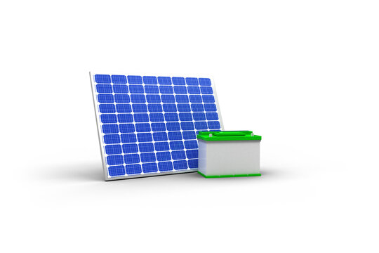 Digitally composite image of 3d solar panel with battery 