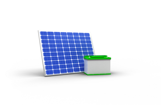 Digitally composite image of 3d solar panel with battery 