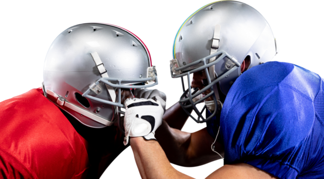 Two American football players in action