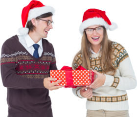 Geeky hipster couple holding present 