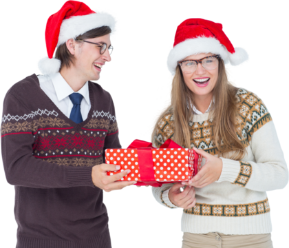 Geeky hipster couple holding present 