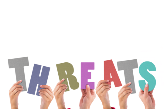 Colorful alphabet spelling threats held up by people