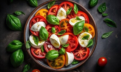 Caprese salad, Italian famous salad with fresh tomatoes, mozzarella cheese and basil, generative AI