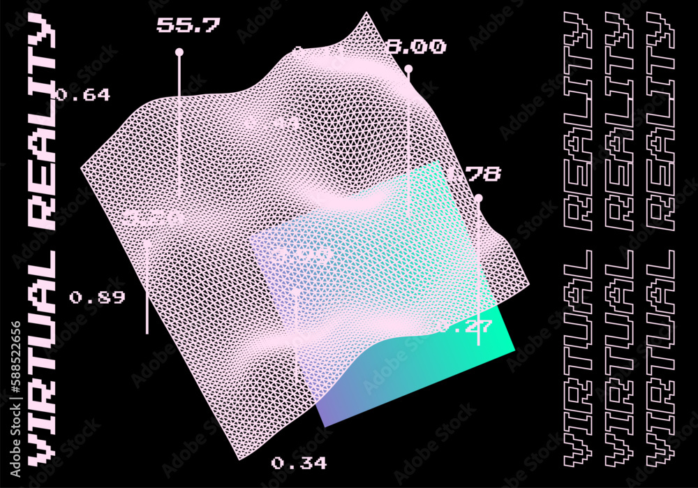 Poster 3D glitched and distorted plane made of mesh. Computer science and virtual reality subject illustration.
