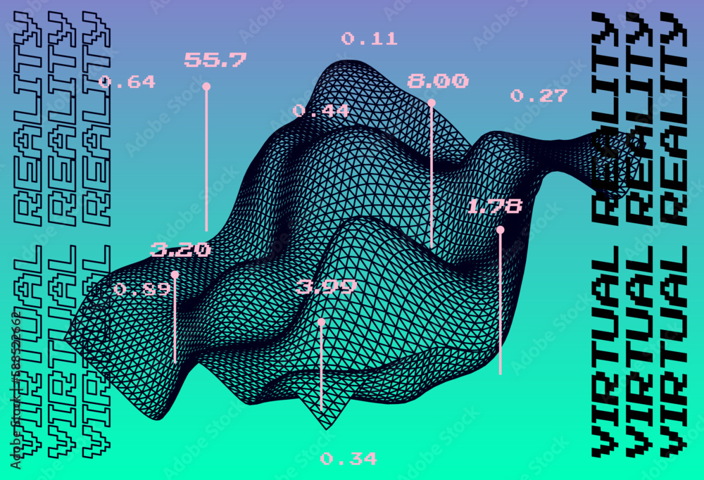 Poster 3D glitched and distorted plane made of mesh. Computer science and virtual reality subject illustration.