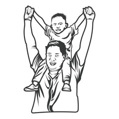 A father and a son on the shoulder, father,s day black and white vector design.