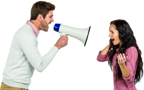 Woman covering ears while man shouting through megaphone - Powered by Adobe