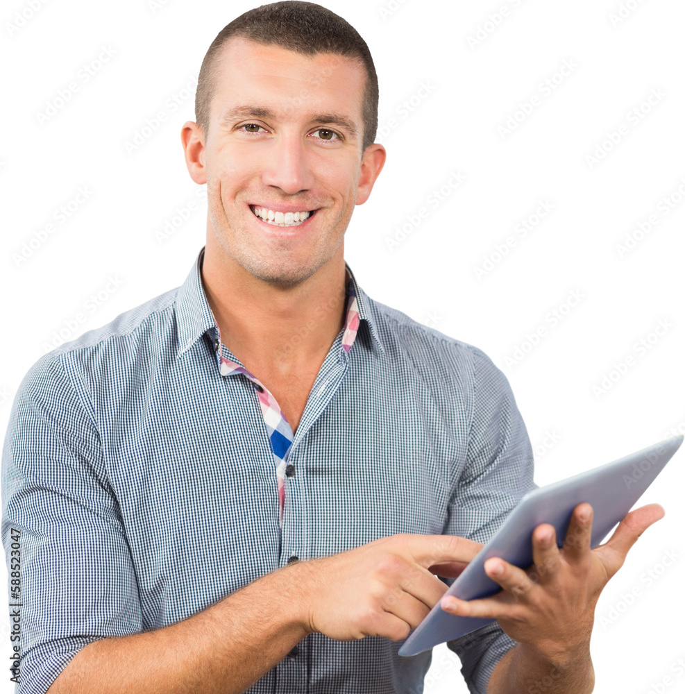 Aufkleber smiling businessman using tablet computer over white background