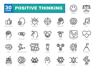 Positive thinking icons collection. Containing self-care, optimism, be loved, healthy lifestyle, happiness, positive mindset and more icons. Icons ideal for the internet site.