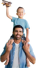 Portrait of father carrying son on shoulders - obrazy, fototapety, plakaty