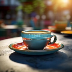 A delicious cup of coffee in a nice cup sitting on an outdoor cafe table ready to enjoy. Generative AI. 