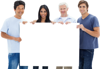 People in jeans holding a big sign 