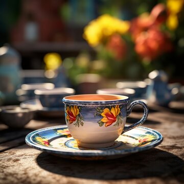 A delicious cup of coffee in a nice cup sitting on an outdoor cafe table ready to enjoy. Generative AI. 