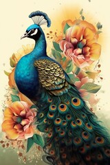 Beautiful Peacock, flowers. Illustration Generative AI Poster