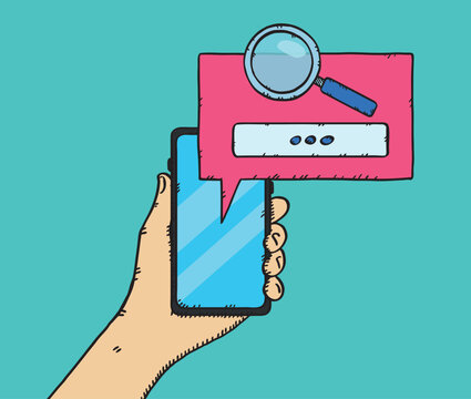 Vector Graphic Of A Hand Holding A Cell Phone With A Magnifying Glass Icon And Search Bar Displayed. Hand Drawn Illustration.