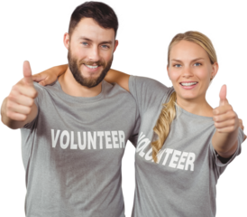 Portrait of smiling volunteers giving thumbs up 