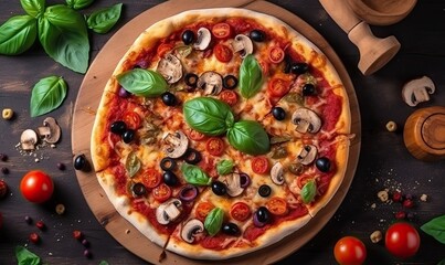 Fototapeta na wymiar Top view Italian Pizza on white wooden table with mushrooms, basil, tomato, olives and cheese, generative AI
