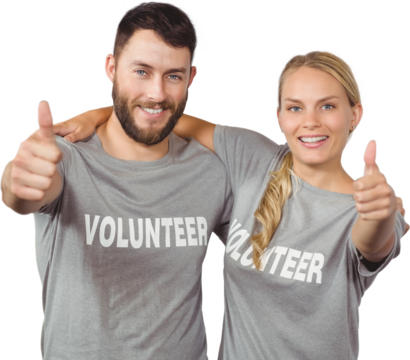 Portrait of smiling volunteers giving thumbs up