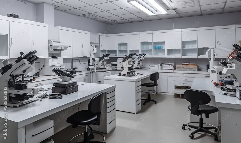 Aufkleber laboratory with microscopes and equipment for studying viruses and microorganisms, generative ai
