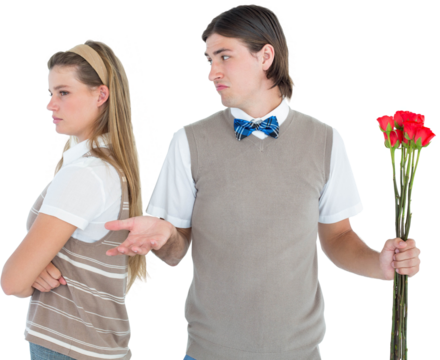 Geeky hipster couple not talking after argument 