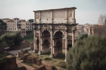 A large stone structure with a road and trees around it Generative AI