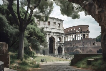 Fototapeta premium A stone building with a fence and trees in front of it Generative AI