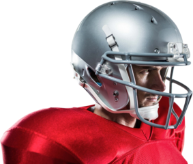 Confident American football player in red jersey looking away