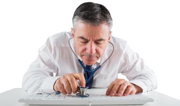 Mature businessman running diagnostics