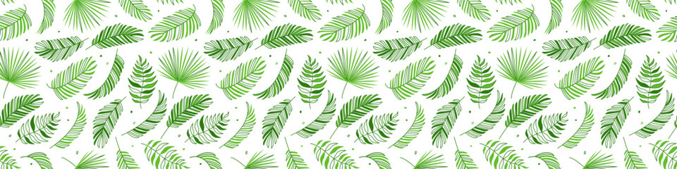 Palm leaf seamless pattern, green tree leaves coconut, summer background, tropical foliage, jungle texture, hawaiian print. Floral repeat illustration © Sylfida