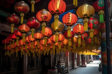 A building with many lanterns from the ceiling Generative AI