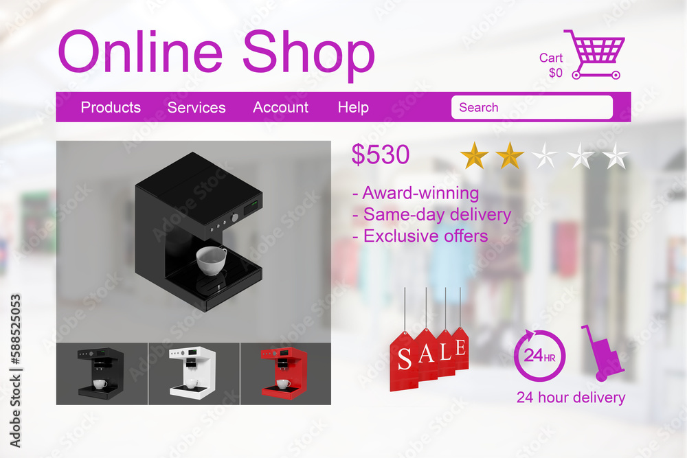Poster ccoffee machines for sale displayed on web page