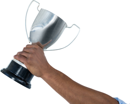 Cropped hand of businessman holding silver trophy 