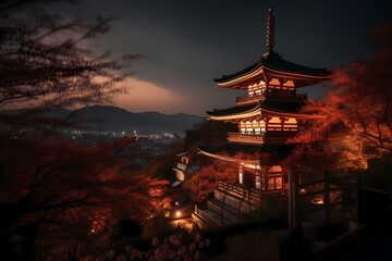 A pagoda with lights at night with kiyomizu-dera in the background Generative AI