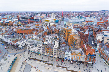 Nottingham Old Market Square, pretty and colorful buildings, scenic drone shot, United Kingdom....