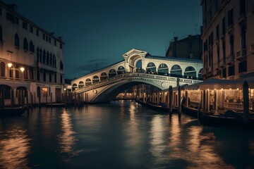 Fototapeta na wymiar Rialto bridge over a river in a city at night Generative AI