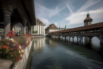 A river with a bridge and flowers Generative AI