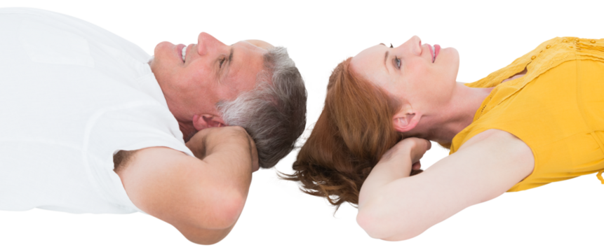 Casual couple lying on floor