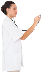 Pretty nurse listening with stethoscope