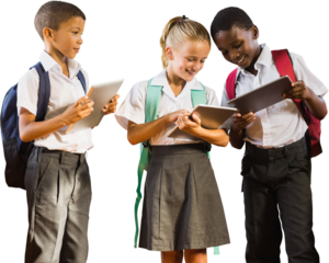 Students in uniforms using digital tablets